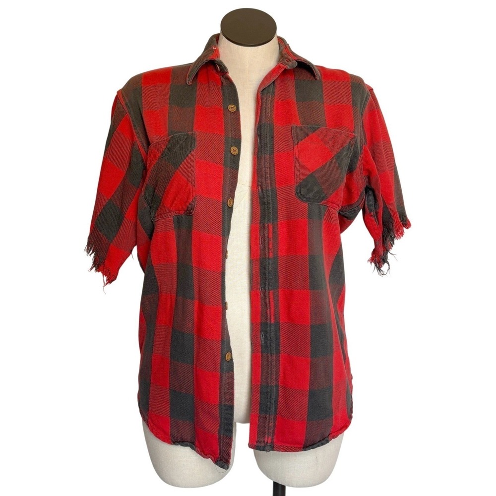 BIG MAC distressed Red Black Buffalo Plaid Short Sleeve Button Up Shirt Men's M